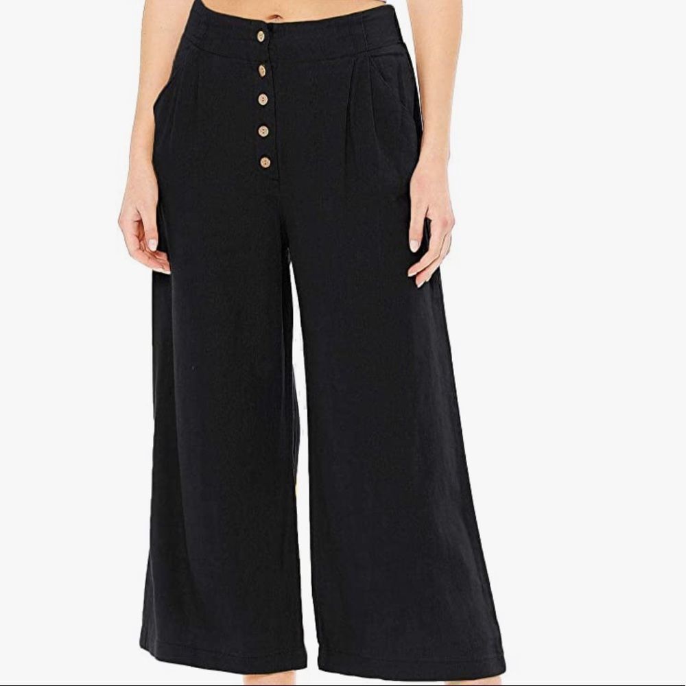 Ambience Apparel Summer Linen Black Wide Leg Pants High Rise Cropped Elastic S